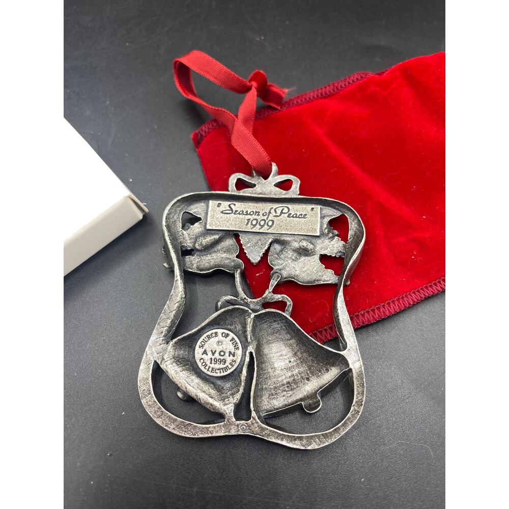 VTG 1999 AVON pewter season of peace silver matte Christmas ornament Bell dove - Picture 2 of 4